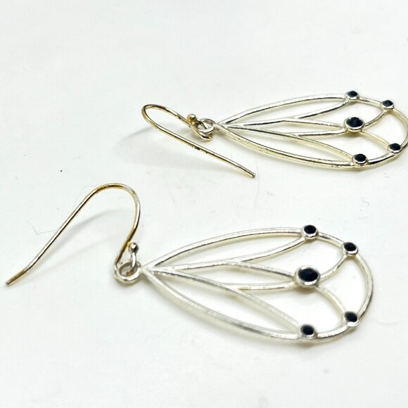 ART NOUVEAU STYLE BLACK GLASS STERLING SILVER DANGLE DROP HOOP EARRINGS 925 - Picture 7 of 10